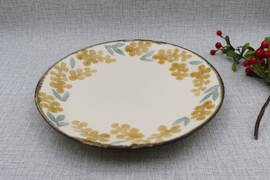 Flat plate, round plate, washi-dyed, mimosa flower pattern