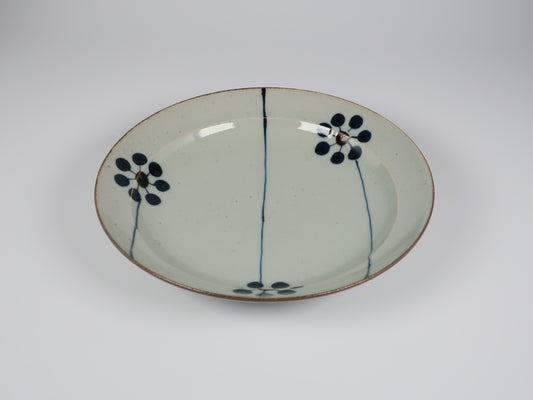Hasami ware flat plate, hand-painted blue fruit design, 7-inch plate