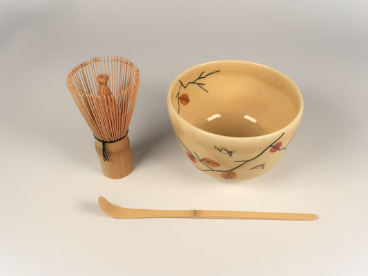 First Time Tea Ceremony Set, Basic 3 Pieces, Kyo-yaki / Kiyomizu-yaki Matcha Bowl with persimmon and sparrow