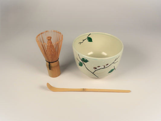 First Time Tea Ceremony Set, Basic 3 Pieces, Kyo-yaki / Kiyomizu-yaki Matcha Bowl Snow Sparrow
