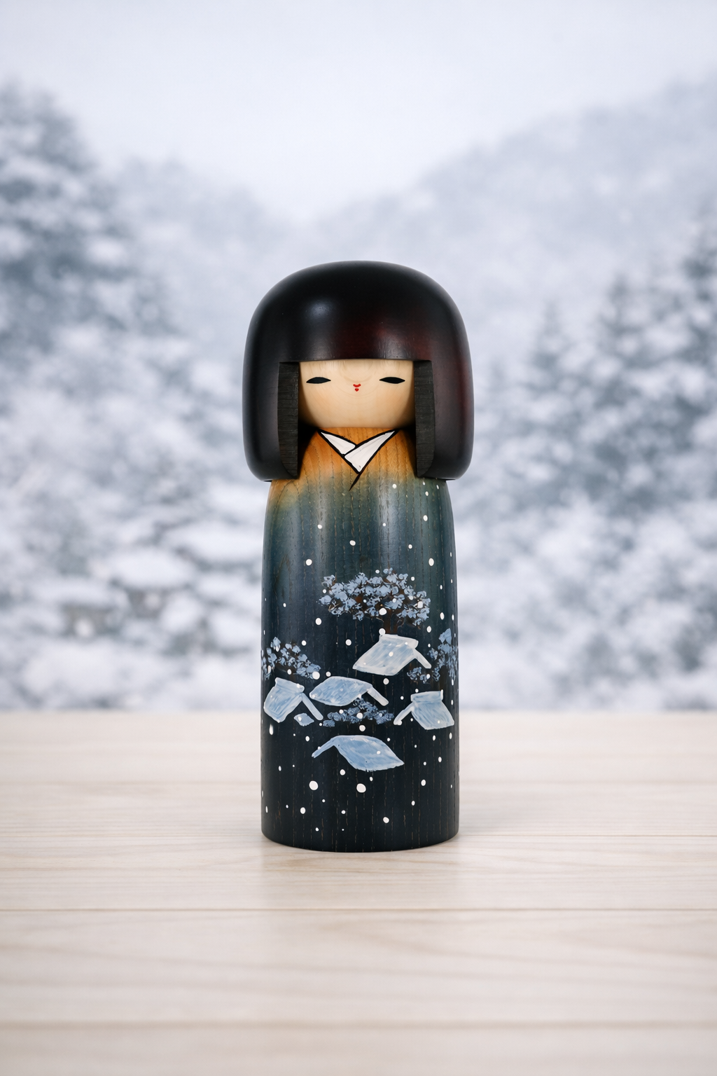 Usaburo Kokeshi – “Yukigesho” Winter Doll with Snowy Blue Kimono