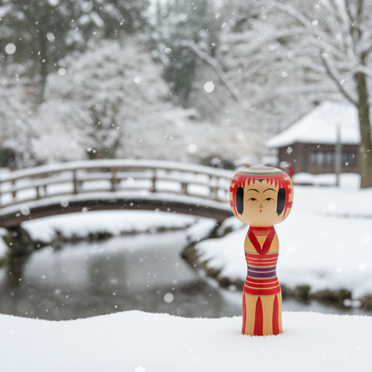 雪景色に佇む弥治郎こけし──日本の伝統工芸が語る静かな物語