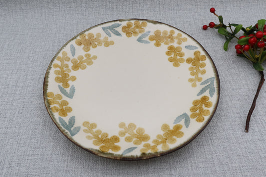 Flat plate, round plate, washi-dyed, mimosa flower pattern
