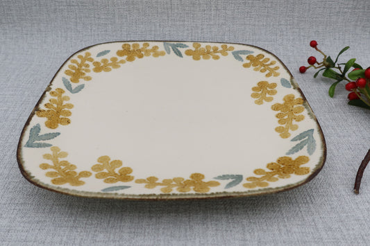 Flat plate, square plate, washi-dyed, mimosa flower