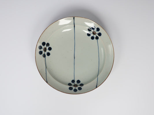 Hasami ware flat plate, hand-painted blue fruit design, 7-inch plate