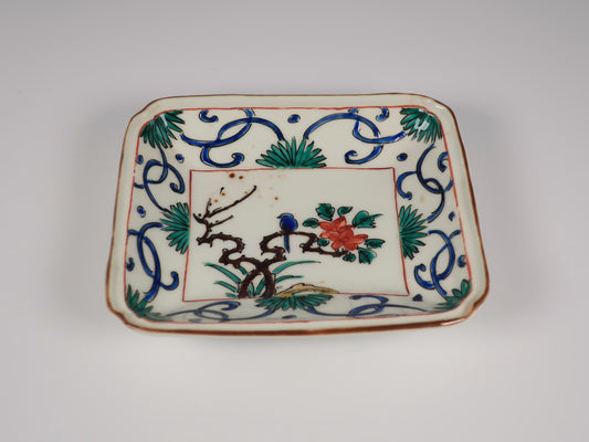 [Antique] Kutani Ware, Old Kutani Style, Colorful Square Plate with Bird and Flower Design
