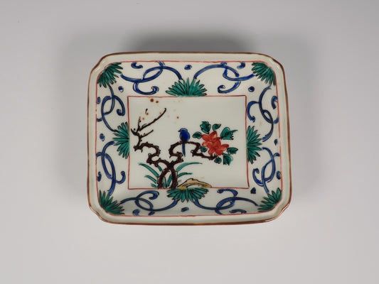 [Antique] Kutani Ware, Old Kutani Style, Colorful Square Plate with Bird and Flower Design