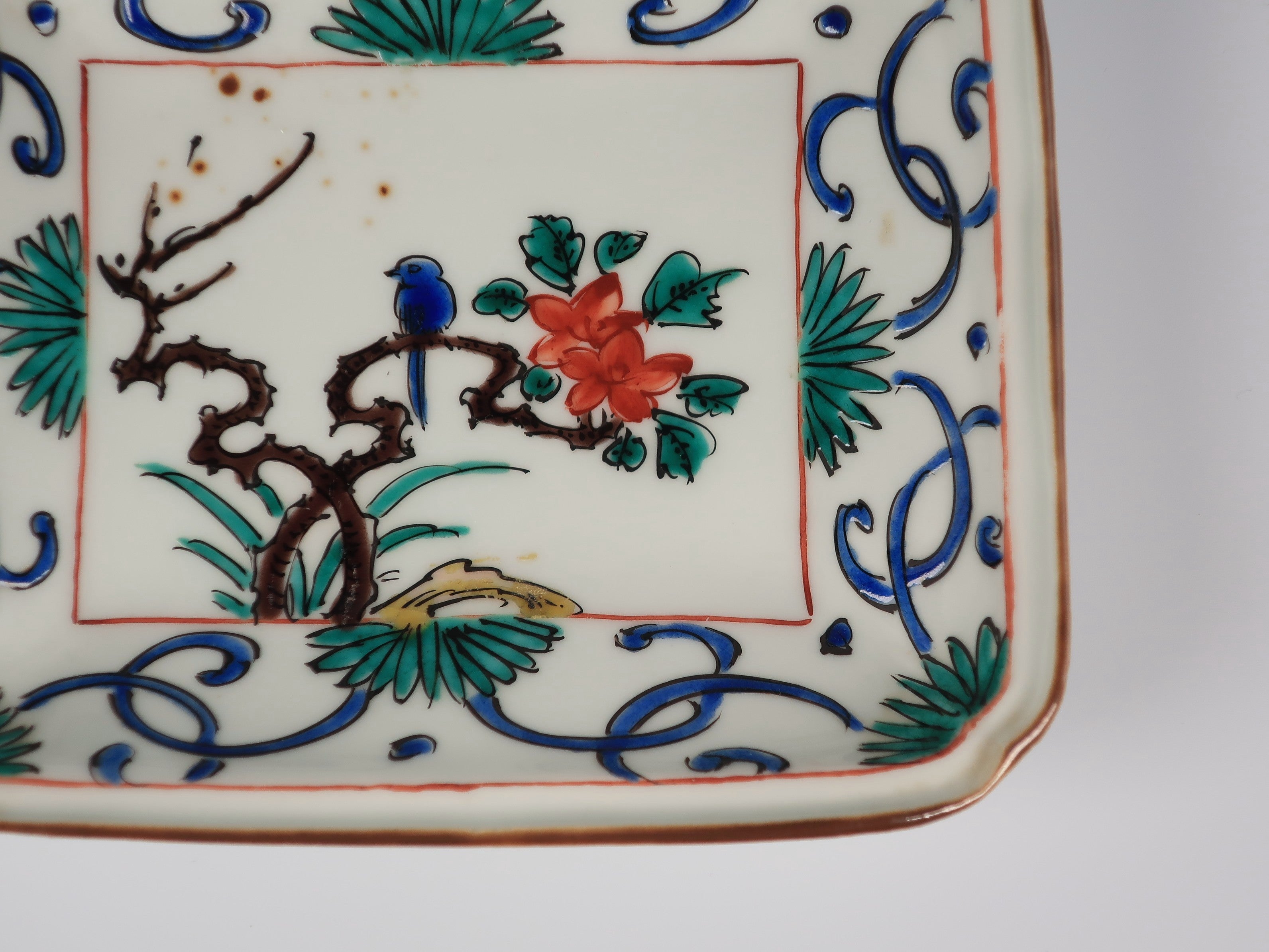 九谷焼 皿 角福 色絵 花鳥風月 時代 古玩 当時物 旧家 蔵出 骨董品 九谷青窯 - 九谷焼 角福 古九谷花鳥 盛鉢 色絵 深皿 中鉢 盛皿 煮物鉢