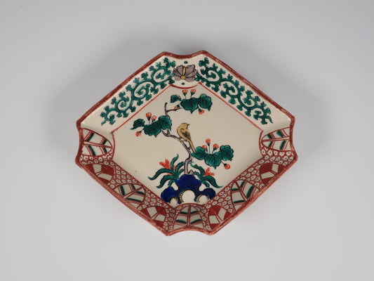 [Antique] Kutani Ware, Old Kutani Style, Tomaya Arrow Feather Diamond Plate with Bird and Flower Design