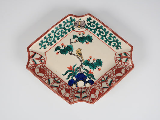[Antique] Kutani Ware, Old Kutani Style, Tomaya Arrow Feather Diamond Plate with Bird and Flower Design