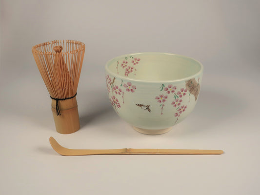 First Time Tea Ceremony Set, Basic 3 Pieces, Kyo-yaki / Kiyomizu-yaki Matcha Bowl, Sakura-Sparrow