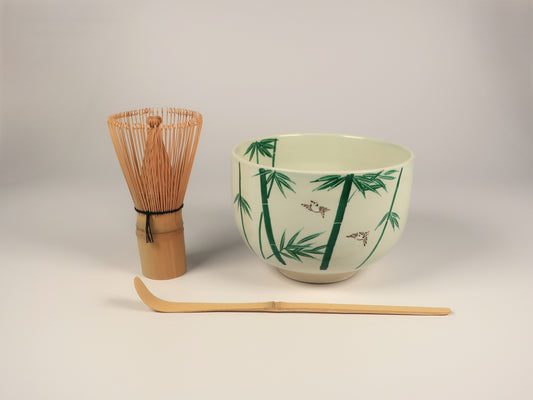 First Time Tea Ceremony Set, Basic 3 Pieces, Kyo-yaki / Kiyomizu-yaki Matcha Bowl "Bamboo Sparrow"