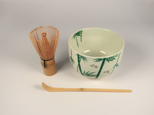 First Time Tea Ceremony Set, Basic 3 Pieces, Kyo-yaki / Kiyomizu-yaki Matcha Bowl "Bamboo Sparrow"