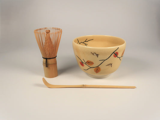 First Time Tea Ceremony Set, Basic 3 Pieces, Kyo-yaki / Kiyomizu-yaki Matcha Bowl with persimmon and sparrow