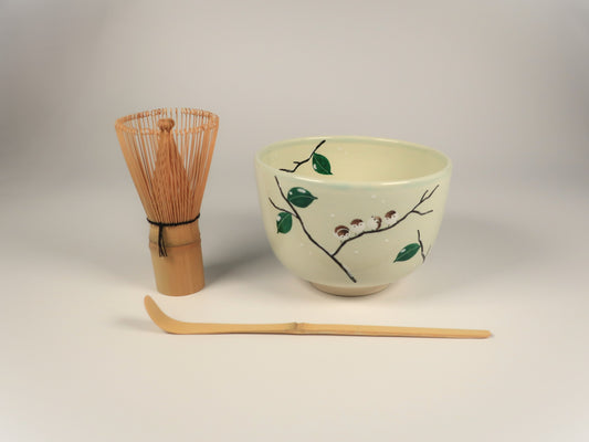 First Time Tea Ceremony Set, Basic 3 Pieces, Kyo-yaki / Kiyomizu-yaki Matcha Bowl Snow Sparrow