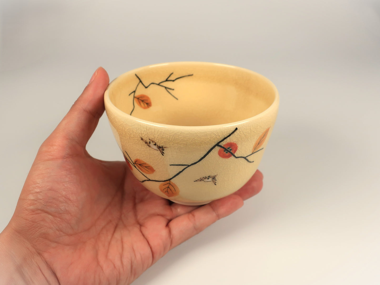 Kyo-yaki / Kiyomizu-yaki Matcha Bowl with persimmon and sparrow