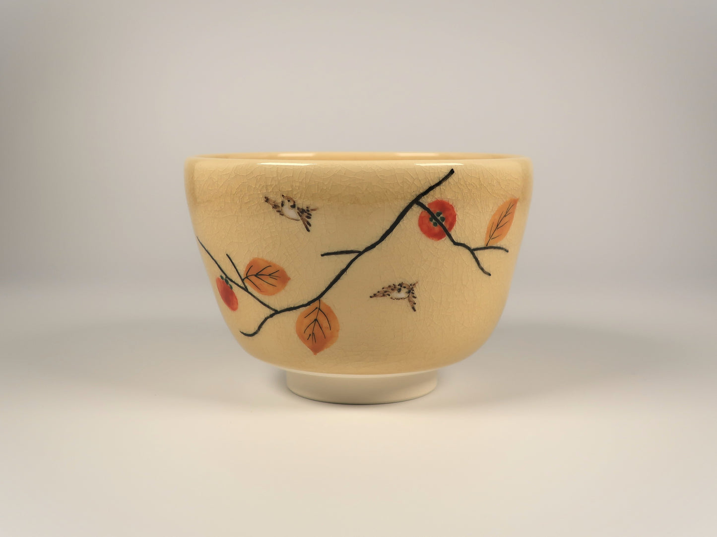 Kyo-yaki / Kiyomizu-yaki Matcha Bowl with persimmon and sparrow