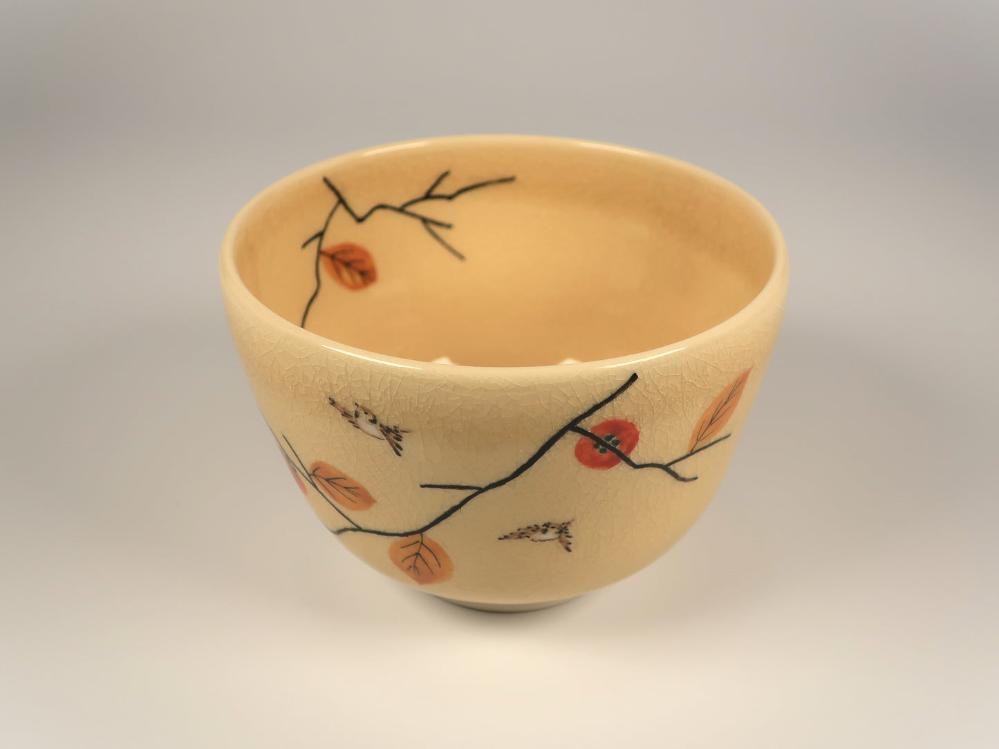 Kyo-yaki / Kiyomizu-yaki Matcha Bowl with persimmon and sparrow