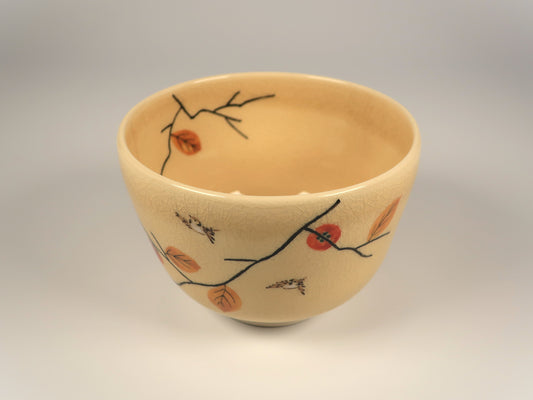 Kyo-yaki / Kiyomizu-yaki Matcha Bowl with persimmon and sparrow