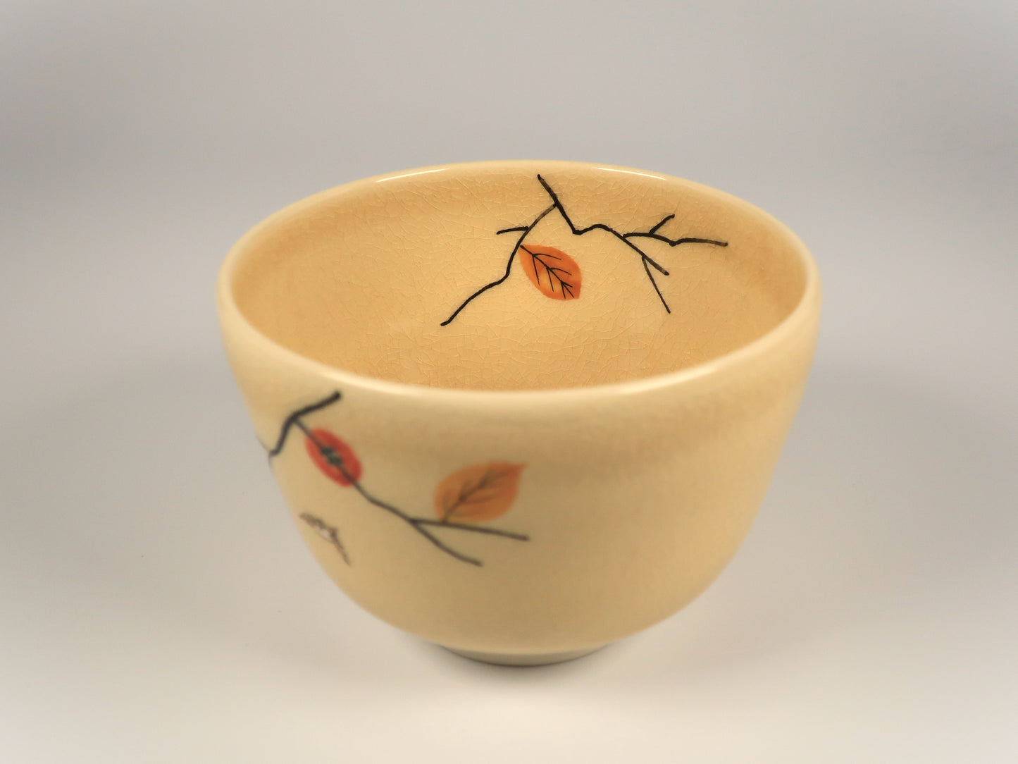 Kyo-yaki / Kiyomizu-yaki Matcha Bowl with persimmon and sparrow