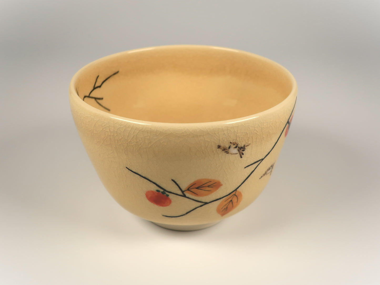 Kyo-yaki / Kiyomizu-yaki Matcha Bowl with persimmon and sparrow