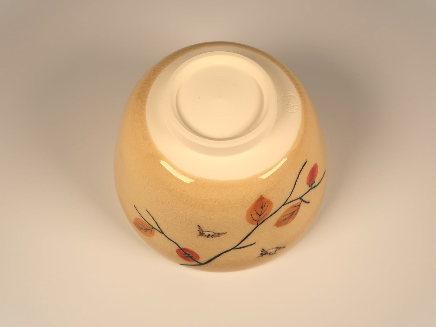 Kyo-yaki / Kiyomizu-yaki Matcha Bowl with persimmon and sparrow