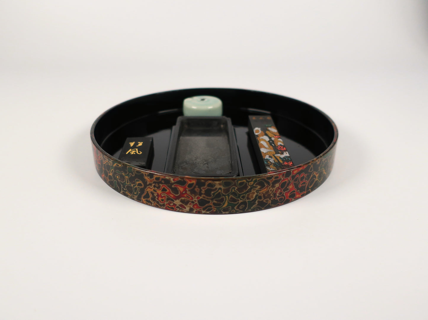 [Vintage] Tsugaru-nuri Suzuribako (Inkstone Box) - Easy Calligraphy Starter Set - Kara-nuri (patterned lacquer) - Ro (black)