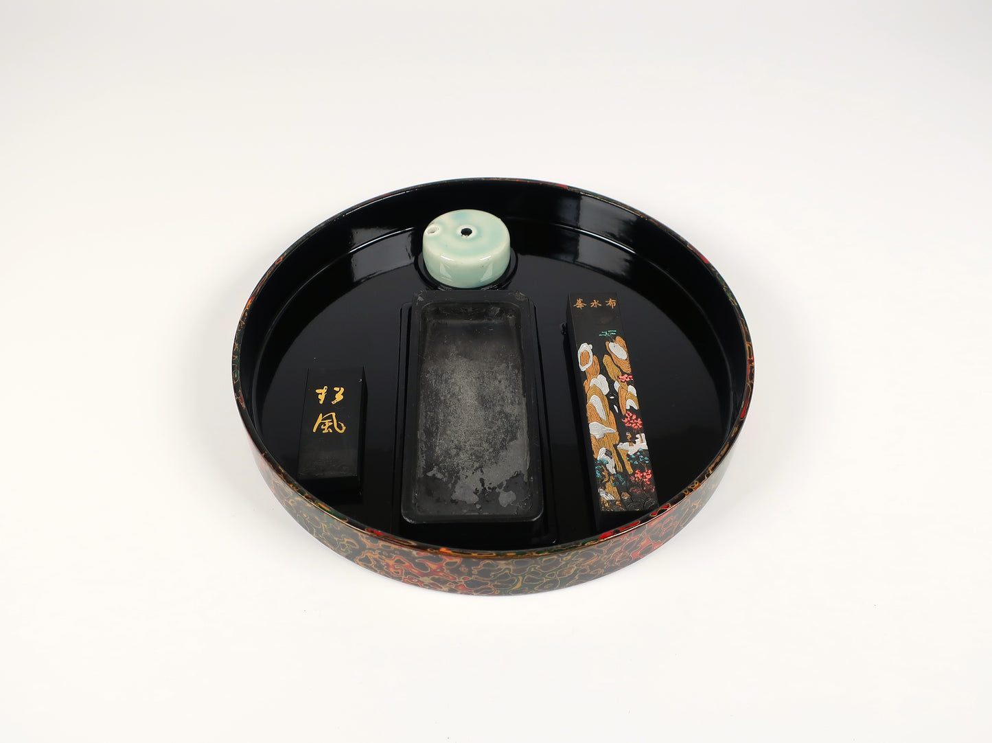 [Vintage] Tsugaru-nuri Suzuribako (Inkstone Box) - Easy Calligraphy Starter Set - Kara-nuri (patterned lacquer) - Ro (black)