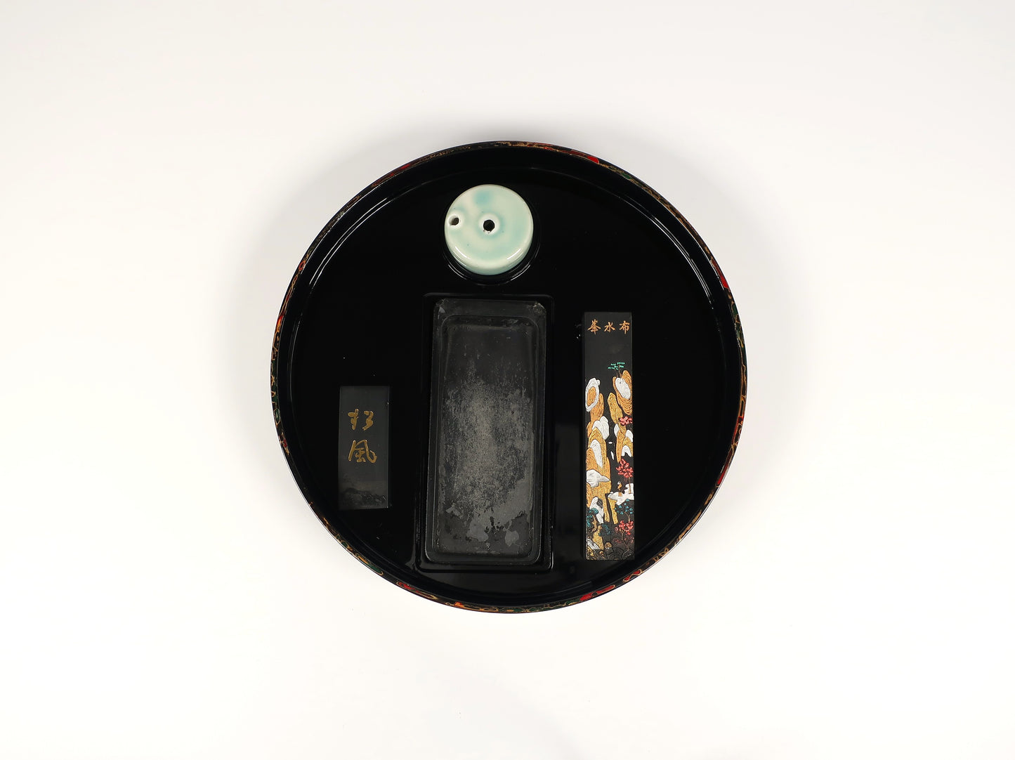 [Vintage] Tsugaru-nuri Suzuribako (Inkstone Box) - Easy Calligraphy Starter Set - Kara-nuri (patterned lacquer) - Ro (black)
