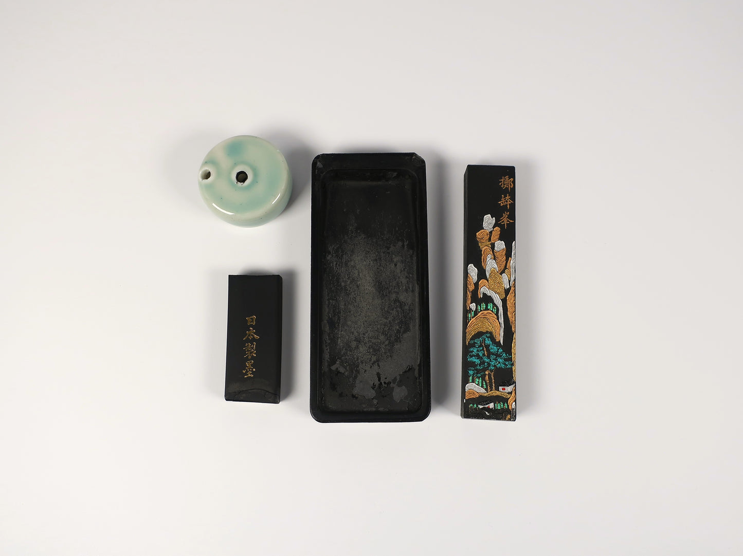[Vintage] Tsugaru-nuri Suzuribako (Inkstone Box) - Easy Calligraphy Starter Set - Kara-nuri (patterned lacquer) - Ro (black)