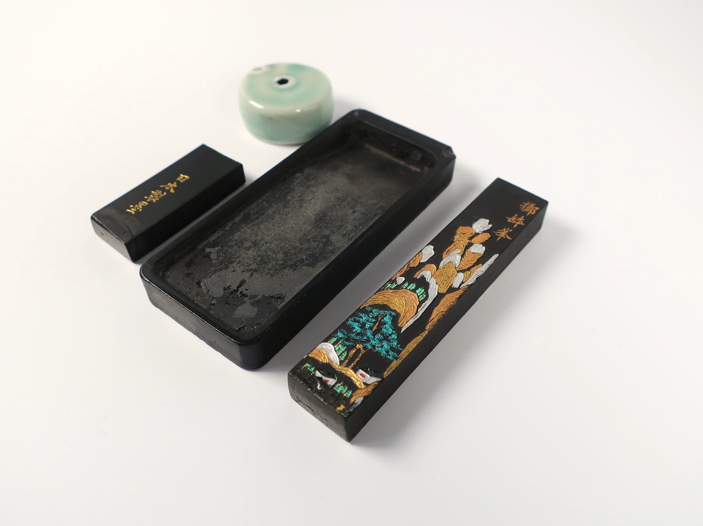 [Vintage] Tsugaru-nuri Suzuribako (Inkstone Box) - Easy Calligraphy Starter Set - Kara-nuri (patterned lacquer) - Ro (black)