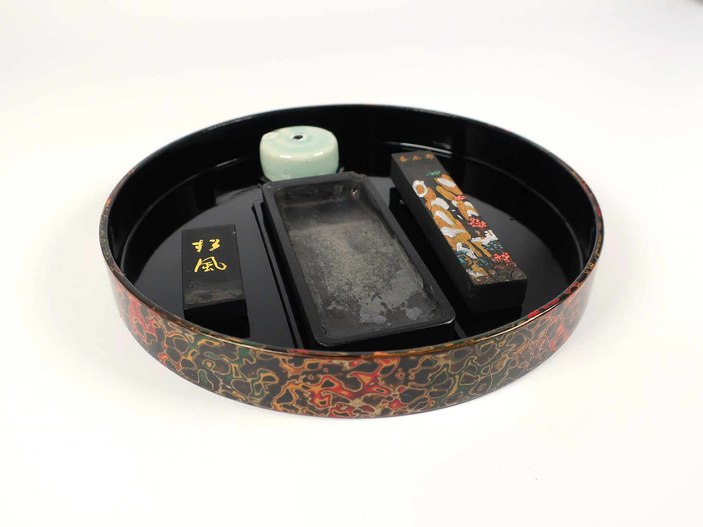 [Vintage] Tsugaru-nuri Suzuribako (Inkstone Box) - Easy Calligraphy Starter Set - Kara-nuri (patterned lacquer) - Ro (black)