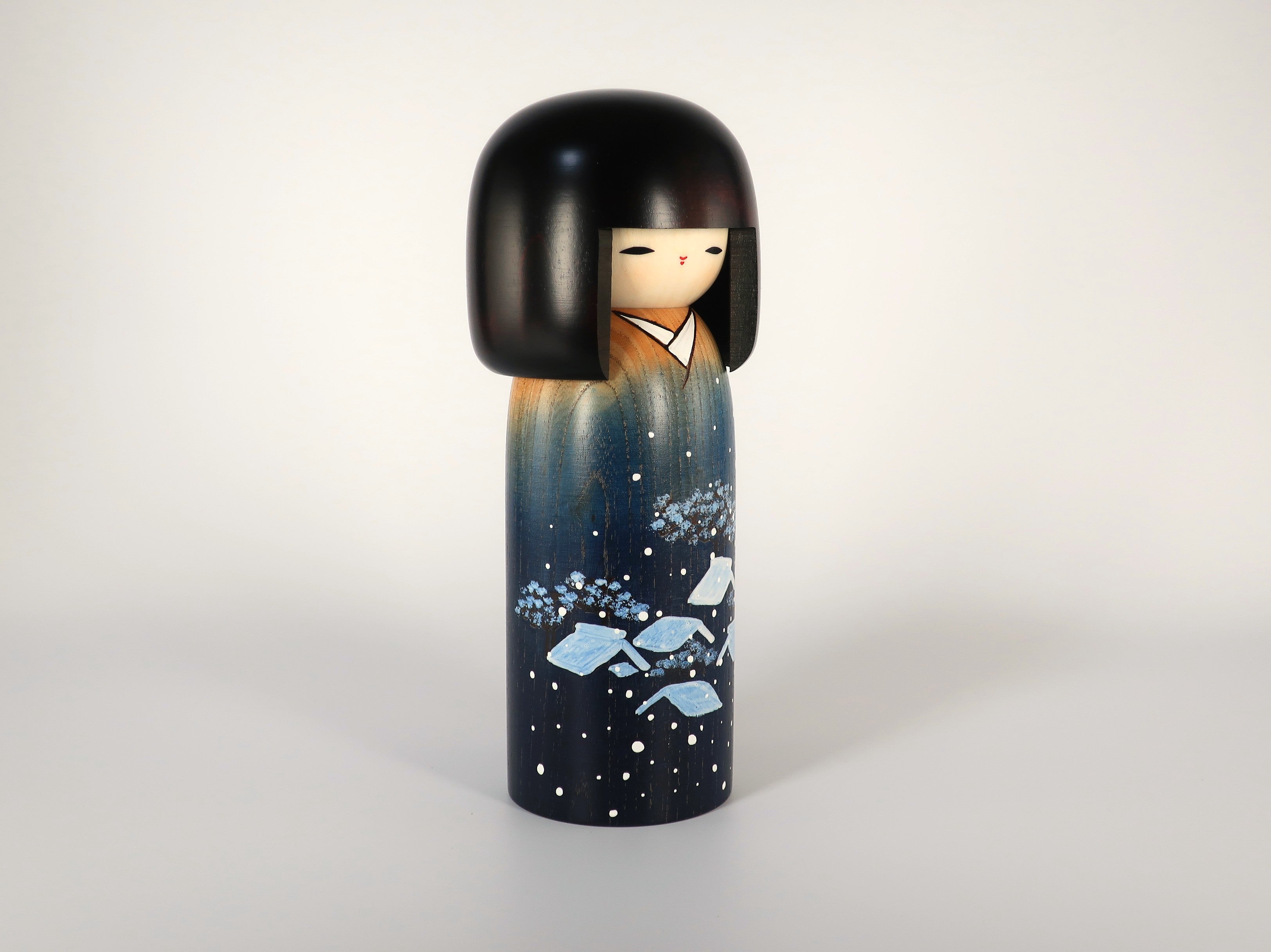 Usaburo Kokeshi – “Yukigesho” Winter Doll with Snowy Blue Kimono