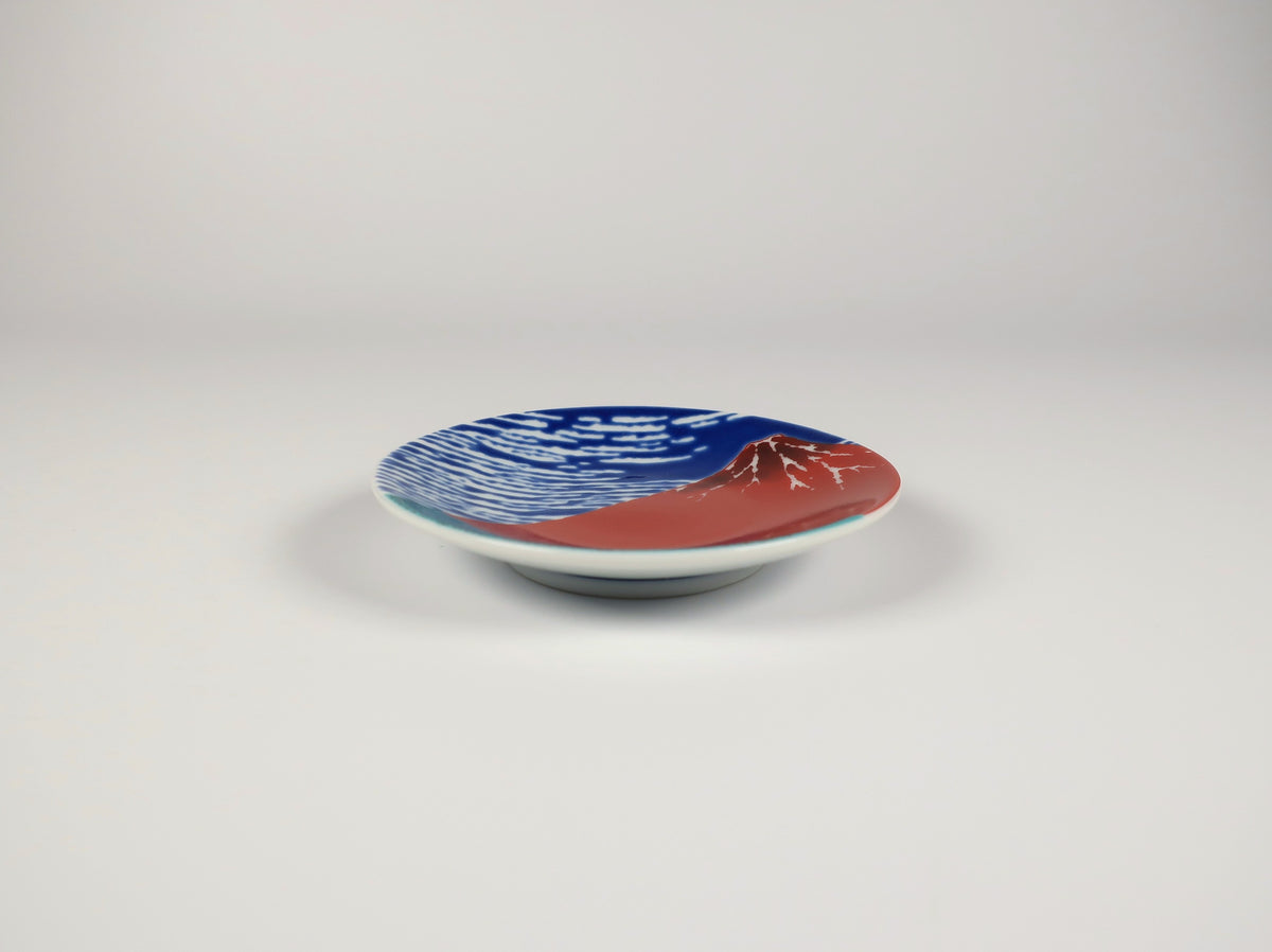Petite assiette Kutani-yaki Fuji rouge (Collection d'assiettes miniatures porte-bonheur et de bon augure)