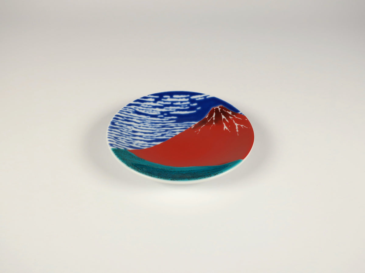 Petite assiette Kutani-yaki Fuji rouge (Collection d'assiettes miniatures porte-bonheur et de bon augure)