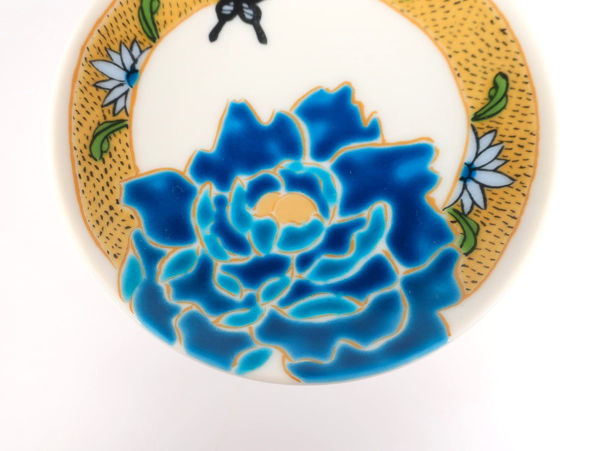 Petite assiette Kutani Art : Pivoine bleue Yoshidaya (Sous la supervision de Tsuyoshi Sato)