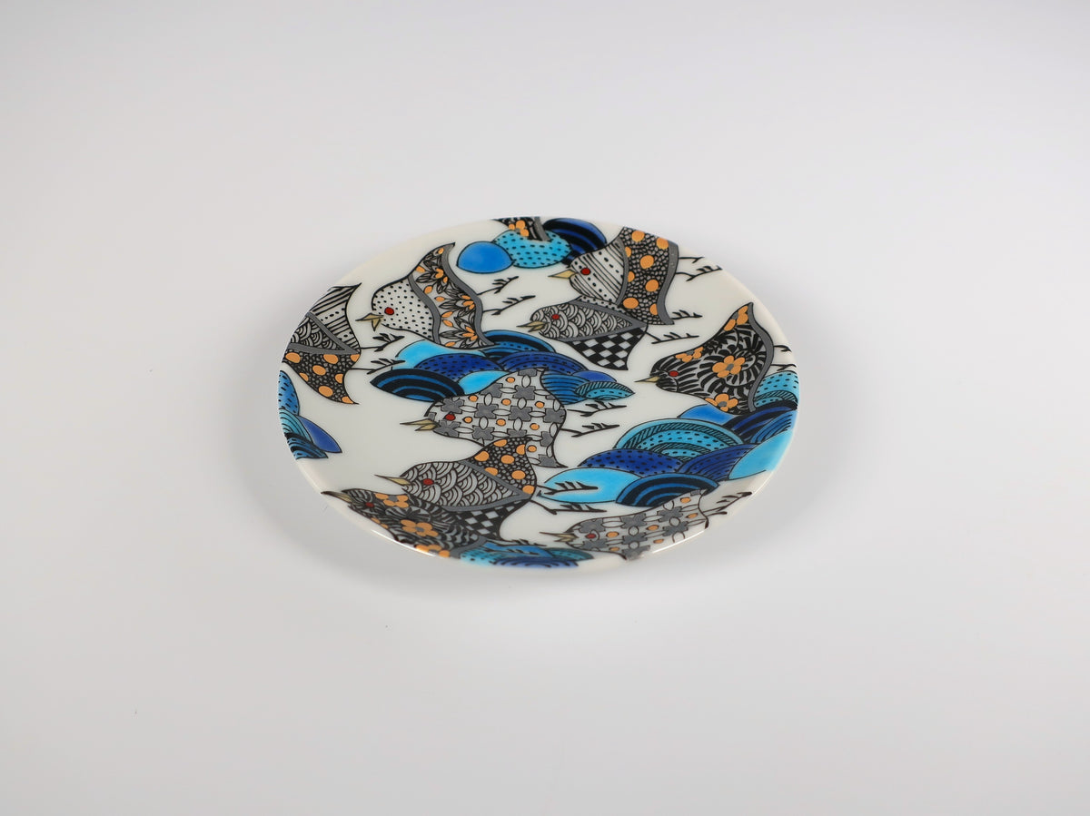 KUTANI ART SMALL PLATE "LINE-DRAWING CHIDORI & SEIGAIHA"
