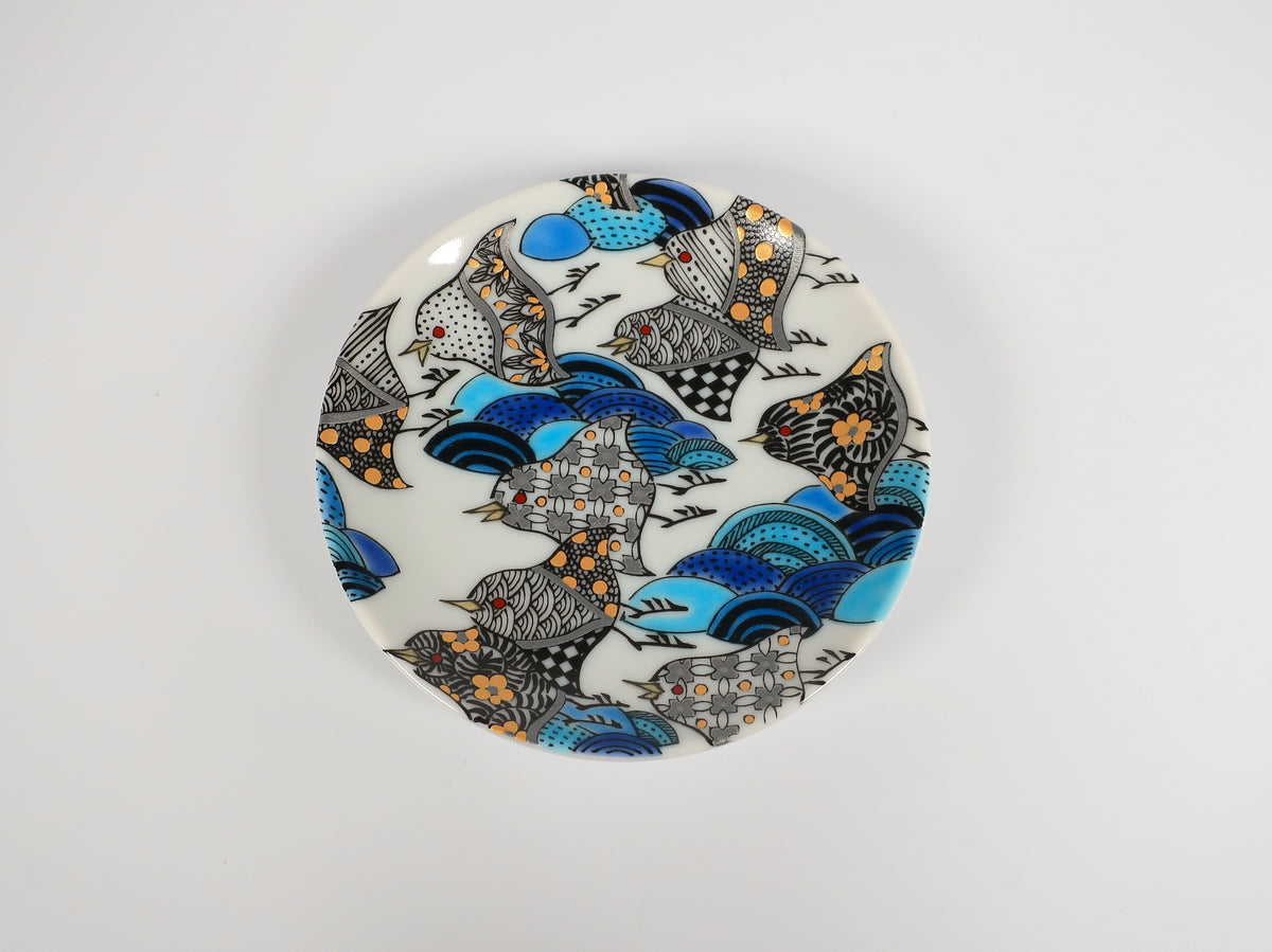 KUTANI ART SMALL PLATE "LINE-DRAWING CHIDORI & SEIGAIHA"