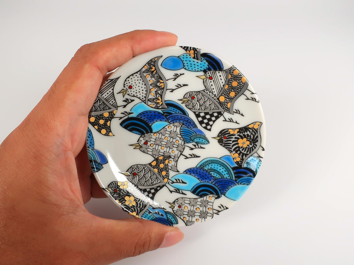 KUTANI ART SMALL PLATE "LINE-DRAWING CHIDORI & SEIGAIHA"